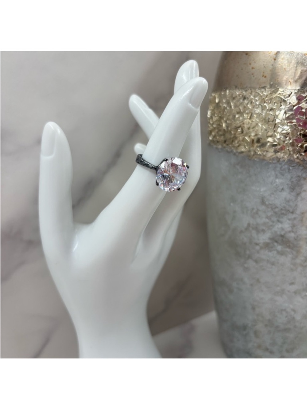 Bottega Veneta Blackened Silver Braided Band Ring with Clear Stone - Picture 2 of 4